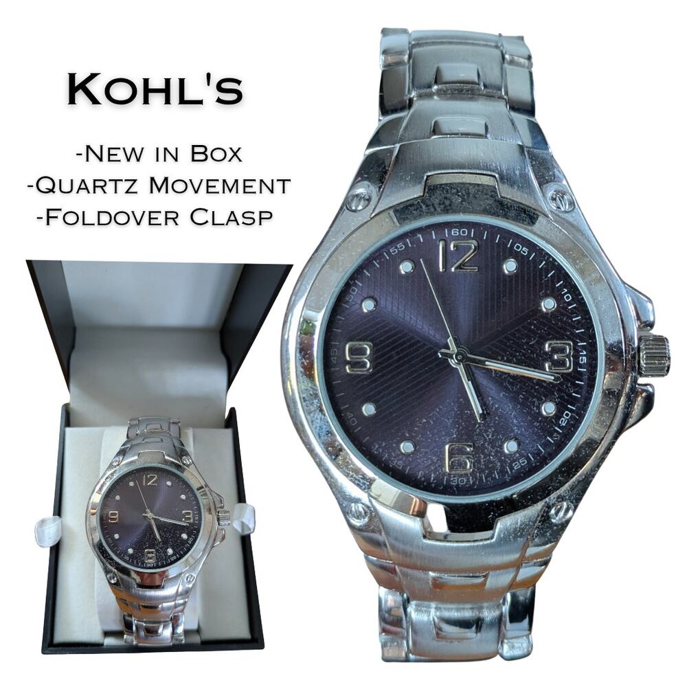 Kohls Stainless Steel Watch Silver Dial Quartz Bracelet Black Face New In Box